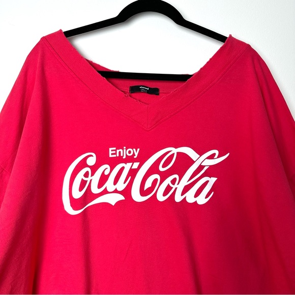 Coca-Cola Red Oversized Distressed Drop Shoulder 3/4 Sleeve V-Neck Sweatshirt - Picture 2 of 13